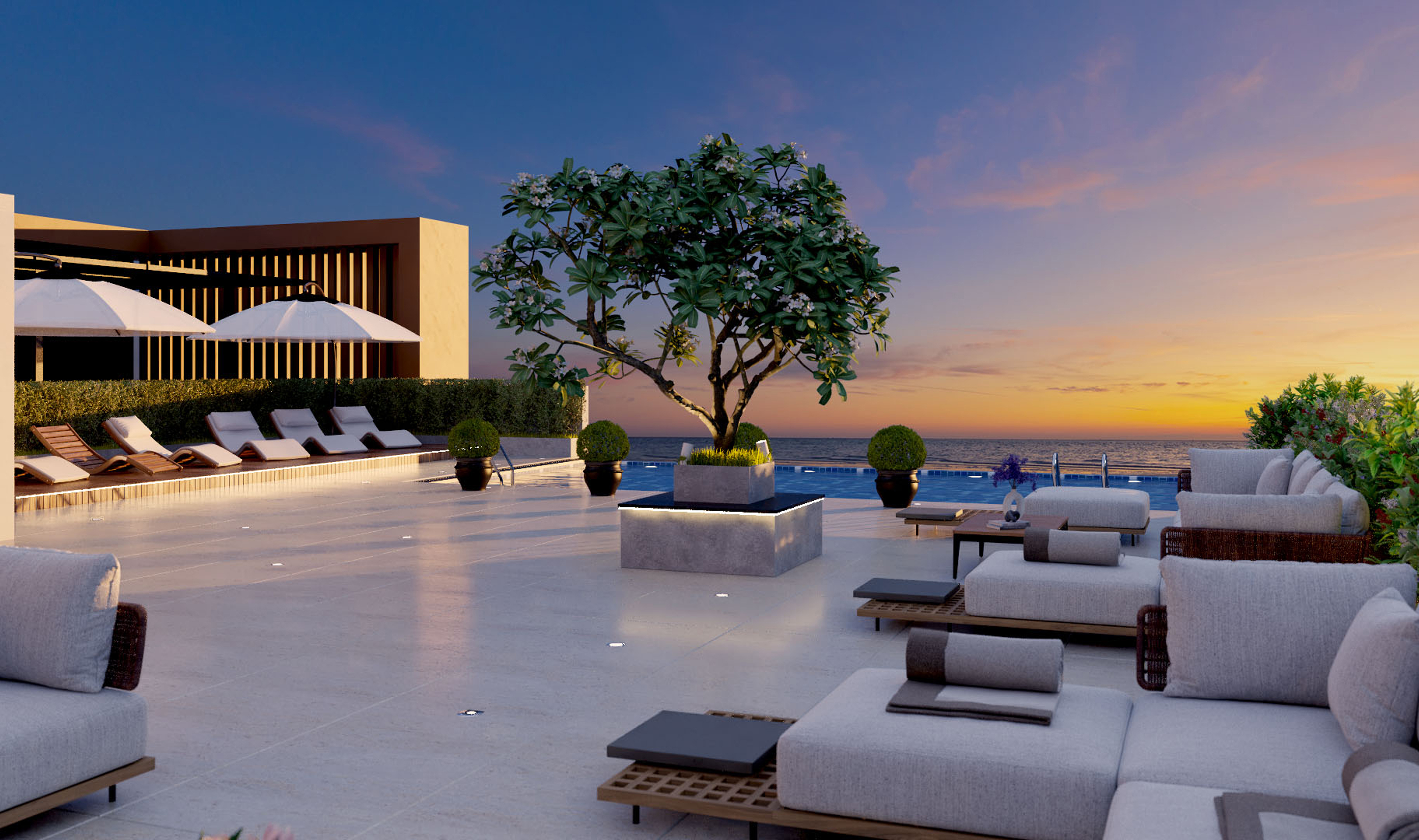 The Finest Residences rooftop pool at sunset
